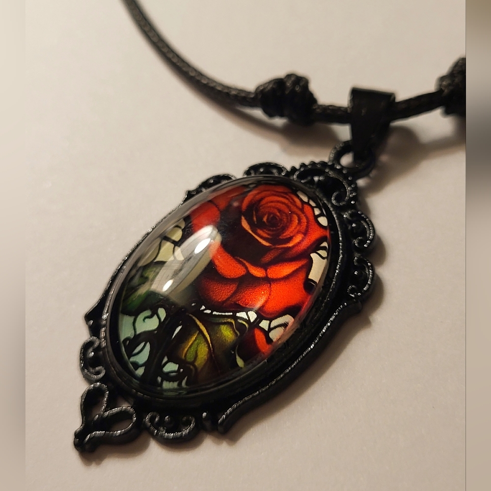 Black Rose Cameo Cord Necklace – Gothic Floral Pendant